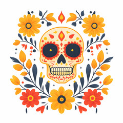 Fototapeta premium Flat Sugar Skull and Marigold Petal Vector Illustration for Dia de Muertos - Traditional Design with Clean Lines on White Background
