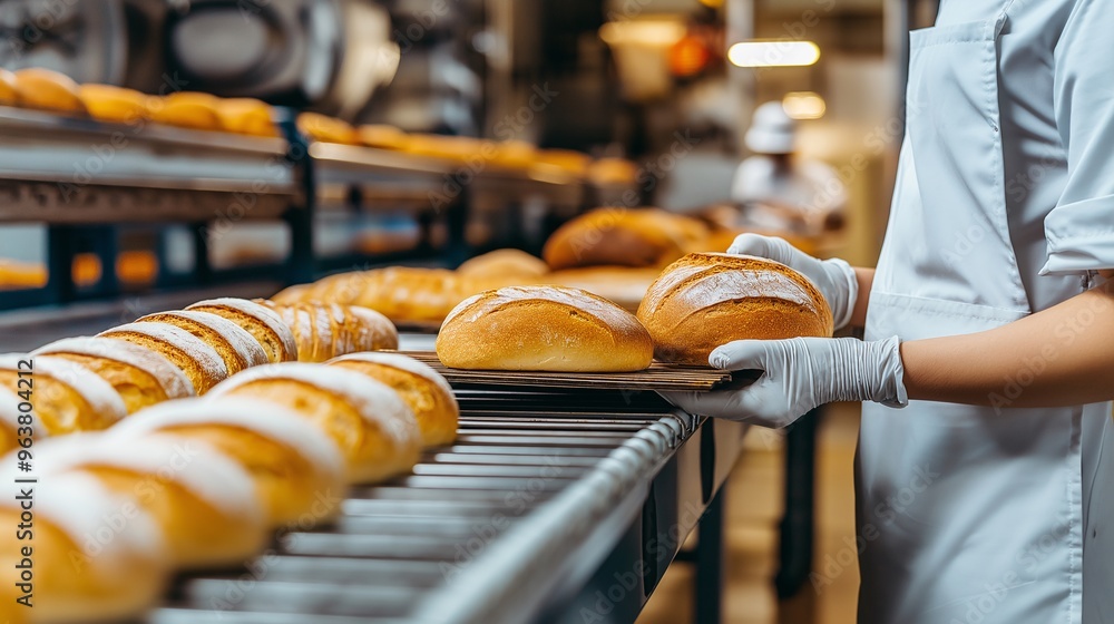 Poster a clean and efficient production line in a bakery factory handling the packaging of artisan bread
