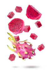 set of red dragon fruit falling isolated on white