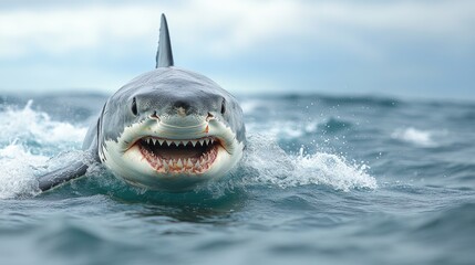 Fototapeta premium Shark lunging forward on plain white
