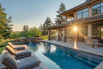 Beautiful outdoor home with pool, patio seating, and large backyard in Washington state, surrounded by greenery and trees, featuring a diving board and flowers.