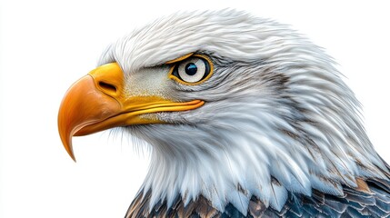 Fototapeta premium Side view of a bald eagle on a pristine white background, highlighting its detailed feathers