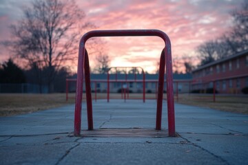Empty playground at dawn with red structures and a beautiful pink and purple sky in the background.