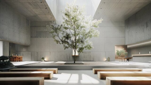 A serene, minimalist atrium featuring concrete walls and a skylight that floods the space with natural light.