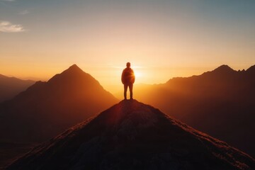 Fototapeta premium Silhouette of a person standing on a mountain peak at sunrise, embracing the serenity and beauty of nature. Perfect for adventure and travel themes.