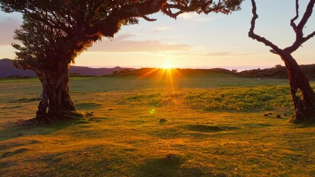 Aerial drone shot of flying above til trees in idyllic Fanal Laurisilva forest on sunset. Madeira island, Portugal. Fly by thru pull away retreat shot