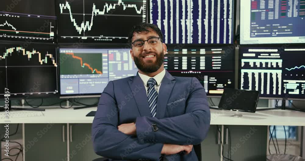 Poster confident, man and face with computer for stock market, financial fintech and investment performance
