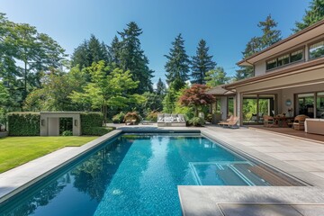 Fototapeta premium Beautiful large backyard with pool and deck in Pacific Northwest, showcasing real estate exterior and landscape under a clear blue sky.