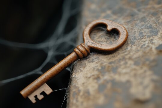 Close-up image of an antique rusty key on an old metal surface, evoking a sense of history and mystery.
