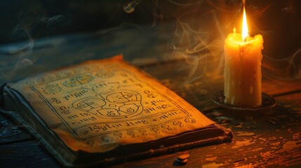 Aged book with ancient symbols and text open on rustic table, bathed in the soft glow of a candle. Smoke rises from the candle, enhancing the mystical, almost sacred atmosphere,
