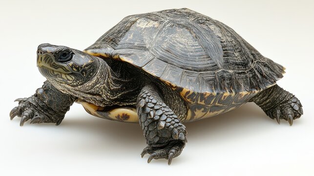 Snapping turtle crawling on white background