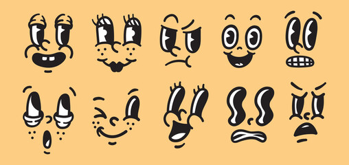 Naklejka premium Set of Unique Cartoon Face Expressions with Different Emotions - Vector Illustration of Funny and Sad Faces, Googly Eyes, and Various Mouths - Perfect for Emojis, Stickers, etc