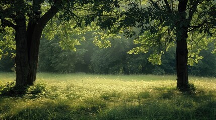 Grass and trees in shades of green