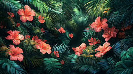 Vibrant Tropical Jungle with Playful Vector Art in Greens