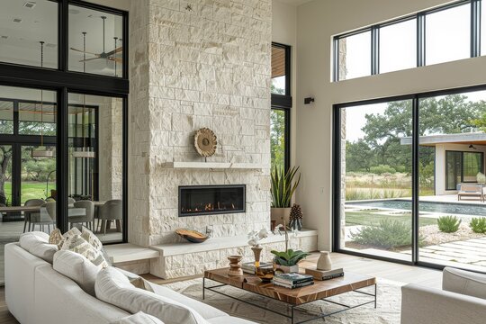 Luxury living room with fireplace, white stone wall, and black steel windows in modern style, with dining table near glass door to outdoor patio in San Romano, Texas.