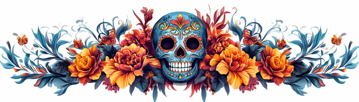 Isolated Vector Illustration of Sugar Skull and Dia de Muertos Altar - Emphasizing Core Symbols of the Holiday on White Background