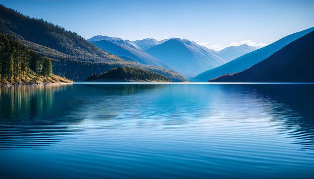 Light blue water ripples on the surface of a beautiful clear mountain lake landscape