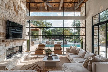 Beautiful living room with modern fireplace, white stone wall, large windows overlooking Texas...