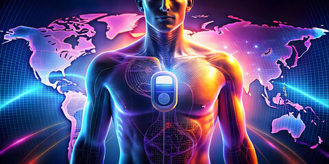 Glowing Digital Art of a Diabetic Person Using an Insulin Pump in Neon Effects: Modern Diabetes Management Concept for World Diabetes Day