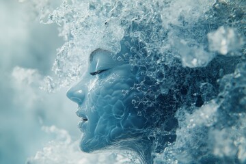 Brain machine interface PET scan and anterior cingulate cortex abstract face partially made of ice representing emotional coldness and detachment blending nature and human elements