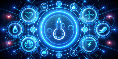 Obraz premium Neon Abstract Art for Diabetes Awareness Campaign: Glowing Blue Circle & Glucose Meter Symbols in Dynamic Background for World Diabetes Day