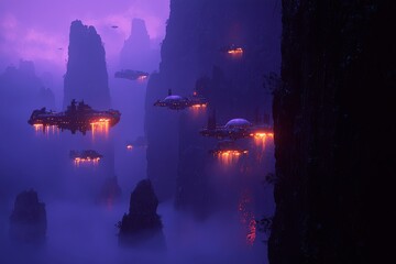 Obraz premium Surreal floating islands with glowing lamps in misty purple landscape