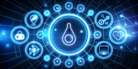 Obraz premium Dynamic Neon Abstract Art for Diabetes Awareness Campaign with Glowing Symbols like Blue Circle & Glucose Meter - Raising Awareness on World Diabetes Day