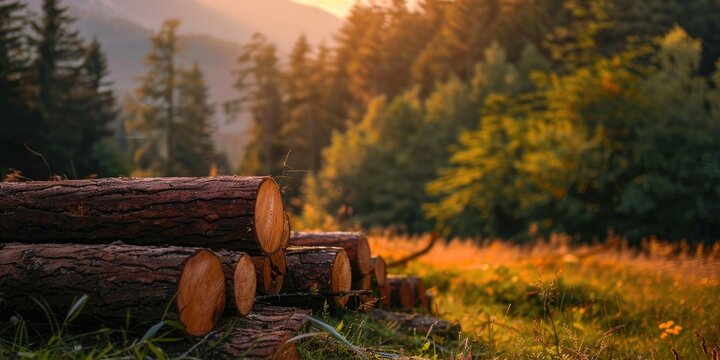 Timber remnants in a field adjacent to a broadleaf woodland following forest logging activities.