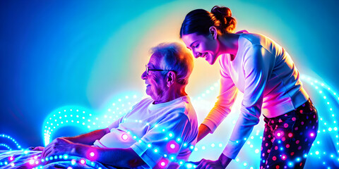 Neon Abstract Digital Art of Diabetic Athlete with Glowing Elements Celebrating World Diabetes Day - Active Lifestyle Focused on Health and Glucose Monitoring