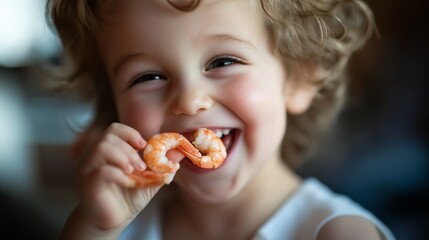 Close-up of a child tasting shrimp for the first time, joyful family moment.
