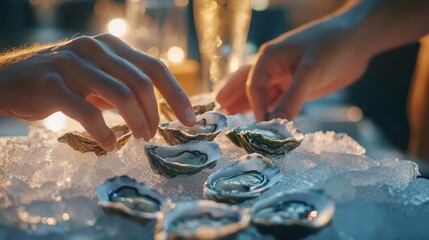 Close-up of hands reaching for oysters on ice during a cozy seafood dinner gathering, sharing the fresh delicacies.