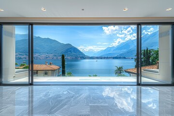 Fototapeta premium Modern luxury home with large balcony overlooking Lake Como in Italy, glass sliding doors, marble floor, and mountain view.