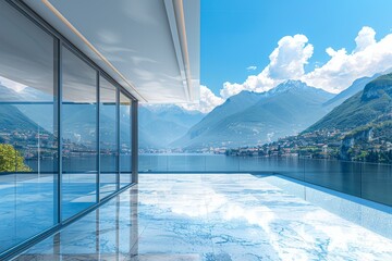 Modern luxury home with large balcony overlooking Lake Como in Italy, glass sliding doors, marble floor, and mountain view.