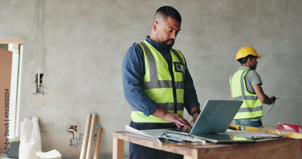 Aufkleber man, laptop and contractor for floor plan on construction site, design layout and email client. pers