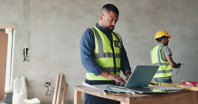 Man, laptop and contractor for floor plan on construction site, design layout and email client. Person, developer and online for graphic tools to draw blueprint, civil engineer and upgrade property