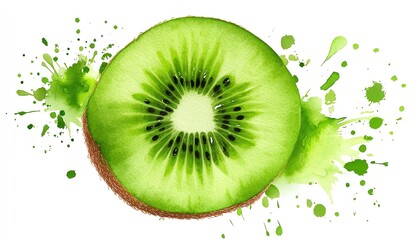 Kiwi slice clipart, fruit element, watercolor illustration, crisp outlines, green and brown, isolated on white background