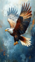 Oil painting style, an eagle rendered with rich, textured brushstrokes, capturing its majestic flight and detailed feathers in a classic, realistic approach.