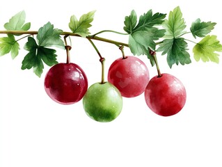 Obraz premium Gooseberries clipart, fruit element, watercolor illustration, crisp outlines, green and pink, isolated on white background