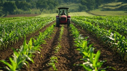 Obraz premium Farmer hoeing corn field from weed