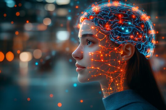 Oligodendrocytes magnetoencephalography and neuronal excitability futuristic portrait of a woman with glowing neural connections in an urban setting symbolizing digital transformation and ai