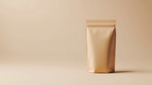 茶色の食品用ジップ袋のモックアップとパステルカラー背景をリアルに描いたAI生成画像
