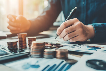 Close-up of a person's hands working on a desk with a calculator, coins, graphs, and a pen.