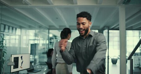 Dance, happy and man with high five in prosthetics office for development, success and achievement. Bionic, engineer and prosthetist with celebration at work for limb, design and future innovation