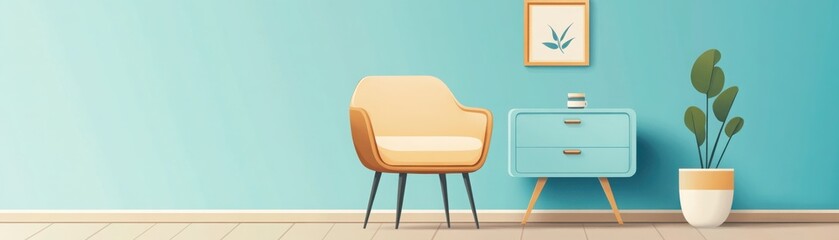 Modern living room interior with a yellow armchair, blue side table, and potted plant against a light blue wall.
