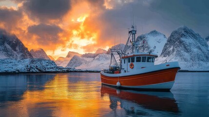 Serene Fishing Boat at Sunset in the Sea near Lofoten Islands, Norway, with Snow-Capped Mountains in the Background, Realistic Photography Capturing Tranquil Scandinavian Landscape