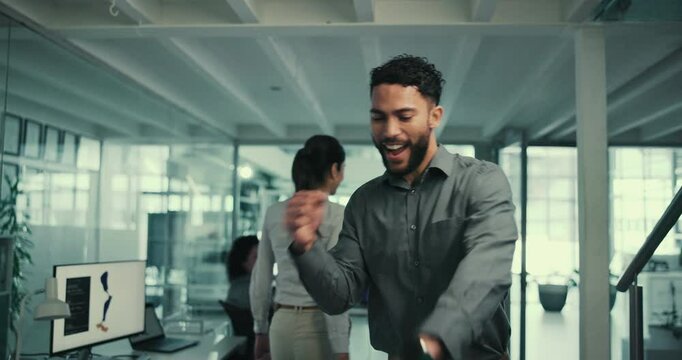 Dance, happy and man with high five in prosthetics office for development, success and achievement. Bionic, engineer and prosthetist with celebration at work for limb, design and future innovation