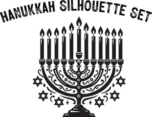 
Menorah Silhouette. Candlesticks silhouette, Hanukkah set. Black and white isolated vector illustration. lack silhouette of chanukiah set hanukkah, hanukkah, menorah and lights ceremony silhouette. 