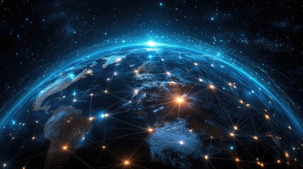World with digital trade routes and nodes, network connection, international trading