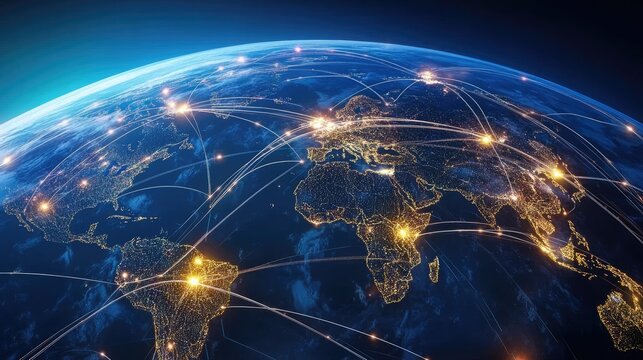 World with digital trade routes and nodes, network connection, international trading