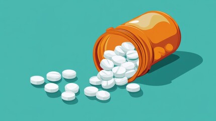 An open bottle of pills with white round pills spilling out